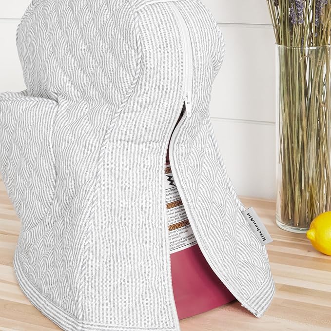 KITCHENAID Fitted Tilt-Head Stand Mixer Cover with Storage Pocket, Quilted 100% Cotton,14.4"x18"x10", Ticking Stripe Ink Blue