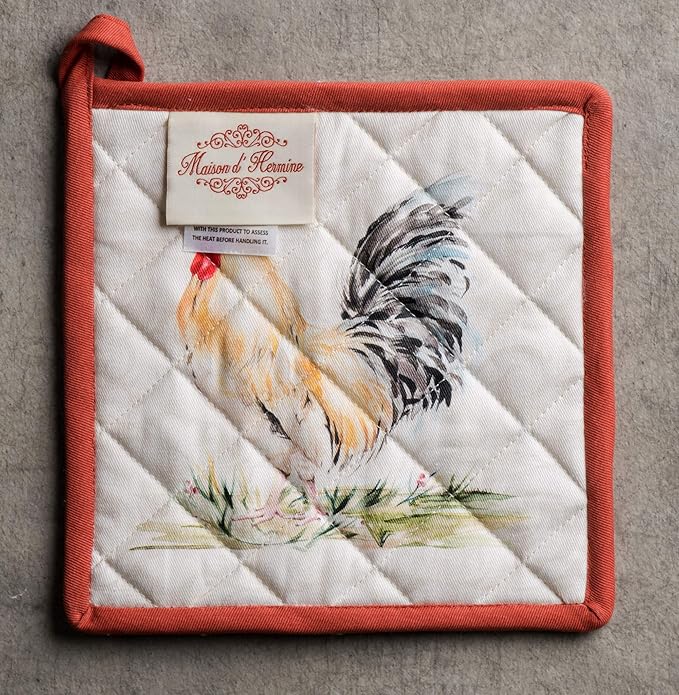 Maison d' Hermine Pot Holders Set 100% Cotton Heat Resistant Potholders 8" x 8" Hot Pads with Loop BBQ, Cooking, Baking, Grilling, Kitchen, Handling Hot Pans Spring/Summer (Pack of 2, Campagne)