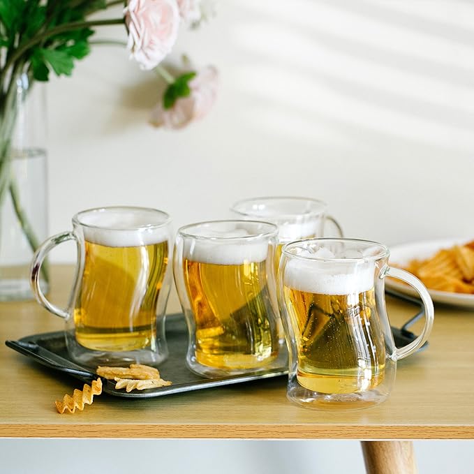 BTaT Double Walled Glass Beer Mugs, 4 Pack, 16 oz(500 ml), Freezer Safe, Stein Style