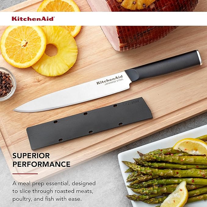KitchenAid Classic Slicing Knife with Custom Fit Blade Cover, 8 inch, Sharp Kitchen Knife, High Carbon Japanese Stainless Steel Blade, Black