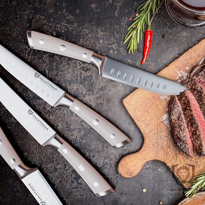 Dalstrong Steak Knife Set-4-5 Straight Blade Edge-Gladiator Series-Forged German High-Carbon Steel-w/Sheaths-Glacial White ABS Handle-Dinner Set Kitchen Knives