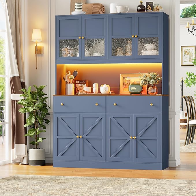 FINETONES 71" Pantry Cabinet with LED Light and Charging Station, Farmhouse Kitchen Pantry Cabinet with Microwave Stand, 47.2" Wide Kitchen Hutch Food Pantry with Open Countertop, Blue