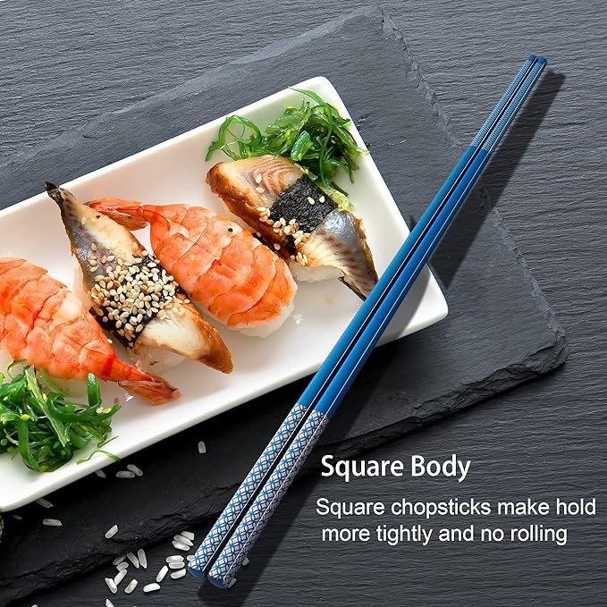 Metal Chopsticks Reusable Multicolor Stainless Steel Chopsticks Dishwasher Safe Chop Sticks Laser Engraved Copper Coin Pattern Square Non-slip, 9 1/4 Inches 5 Pairs Gift Set