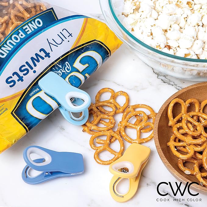 COOK WITH COLOR Bag Clips with Magnet- Food Clips, Chip Clips, Bag Clips for Food Storage with Airtight Seal Grip for Bread Bags, Snack Bags and Food Bags (Yellow and Blue, Pack of 10)