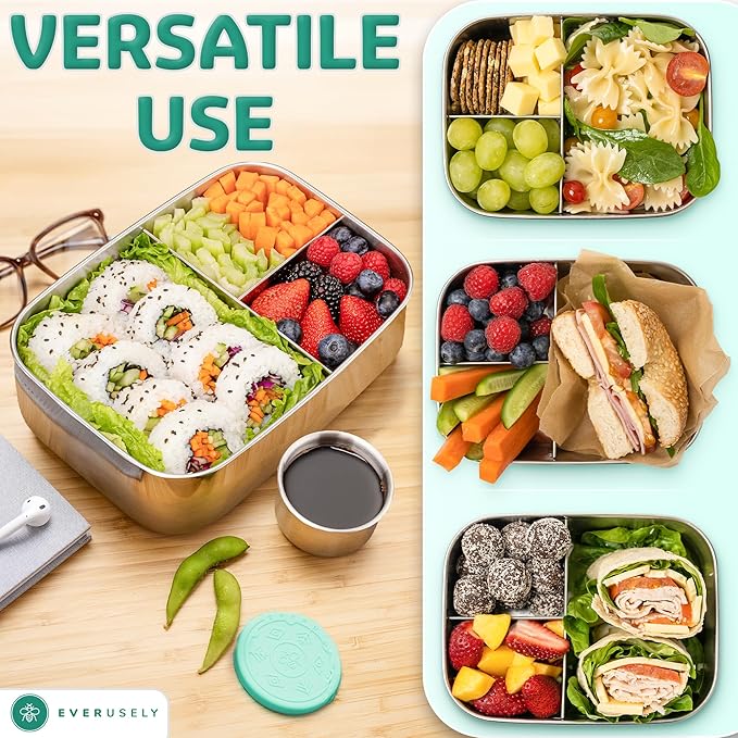 Everusely - Bento Box - Green, 60oz / 1.8 L - Stainless Steel Lunch Box with Leakproof Condiment Container - 3 Compartment Snack Organizer for On the Go Meals - Freezer & Dishwasher Safe