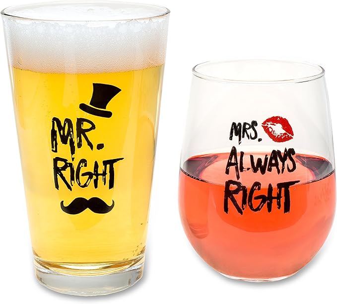 Funny Mr. Right and Mrs. Always Right Novelty Wine Glass and Beer Glass | Includes Fun, Stylish Gift Box | For Weddings, Engagement, Newlywed, Bachelorette, Anniversary, Couples Gifts