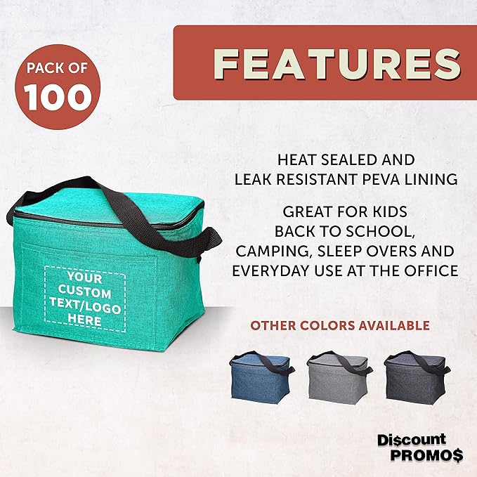 DISCOUNT PROMOS Custom Insulated Cooler Lunch Bag Set of 100, Personalized Bulk Pack - Perfect for Work, Travel, Outdoor Events - Mint