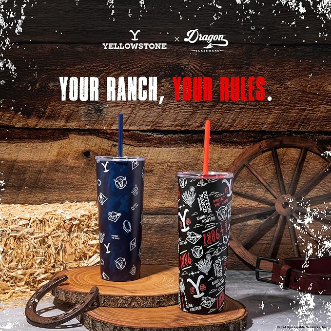 Dragon Glassware x Yellowstone Vacuum Insulated Tumbler with Lid and Straw - 24 oz Tumbler Cup with 2 Straws - Stainless Steel Tumbler with Straw for Water, Iced Tea - 1886