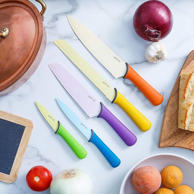 GLAD Knife Set for Kitchen – Stainless Steel Chef Knives with Sheaths | Sharp Colored Blades with Non-Slip Handles | Assorted Nonstick Cooking Essentials for Home