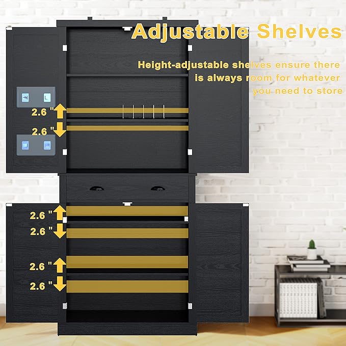 IRONCK Kitchen Pantry Storage Cabinet 72.6" H, with Barn Doors, Drawer, 4 Adjustable Shelves, Freestanding Cupboard for Dining Room Living Room, Laundry, Black