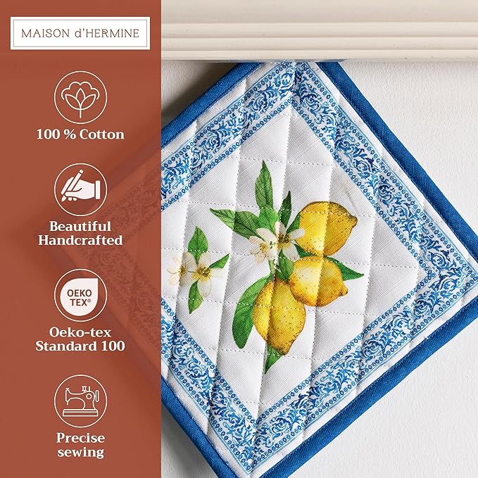 Maison d' Hermine Pot Holders 100% Cotton Heat Resistant Potholders 8" x 8" Hot Pads with Loop BBQ, Cooking, Baking, Grilling, Kitchen, Handling Hot Pans Spring/Summer (Pack of 1, Cedrat)