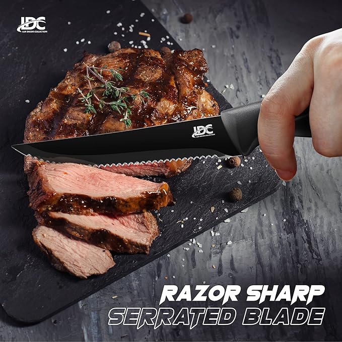 LDC Serrated Steak Knives Set of 8, Elegant Black Ultra Sharp Knives, Dishwasher Safe Stainless Steel Dining Knife Set
