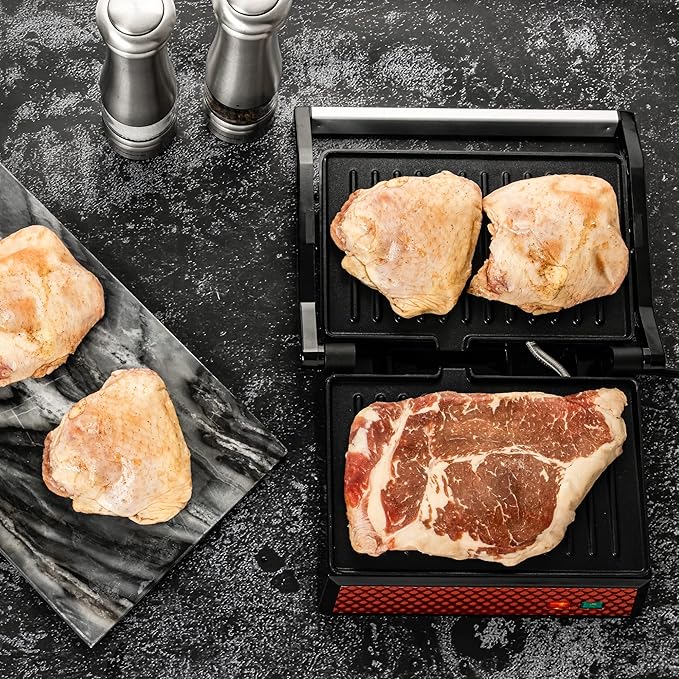 OVENTE Electric Indoor Panini Press Grill and Sandwich Maker with Non-Stick Coated Plates, Cool-Touch Handle and Removable Drip Tray, Opens 180 Degrees to Fit Any Type or Size of Food, Red GP0540R