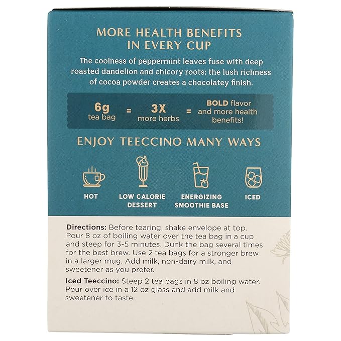 Teeccino Dandelion Mocha Mint Tea - Caffeine Free, Roasted Herbal Tea with Prebiotics, 3x More Herbs than Regular Tea Bags, Gluten Free - 10 Tea Bags