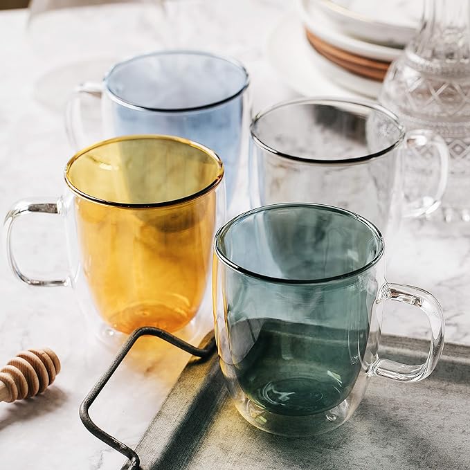 BTaT- Colored Double Walled Glass Coffee Mugs, Set of 4 (12oz, 350ml), Assorted Colors, Colorful Coffee Cups, Insulated Coffee Mug, Double Wall Glass Coffee Cups, Tea Cups