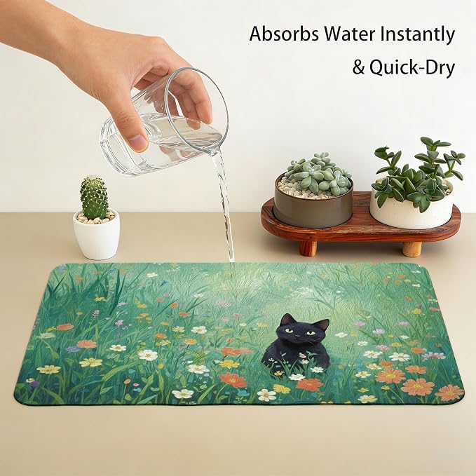 Floral Black Cat Dish Drying Mat, Cat Lover Gifts, Cats in Colorful Wildflower - Image 7
