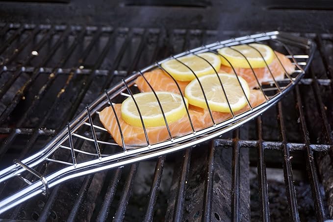 RSVP International Endurance® BBQ Basket, 6" x 14.75" | Fits 1 Whole Fish or Multiple Fillets | Made from Stainless Steel w/ Rosewood Handle | Holds Fish in Place for Perfect Roasting,Silver