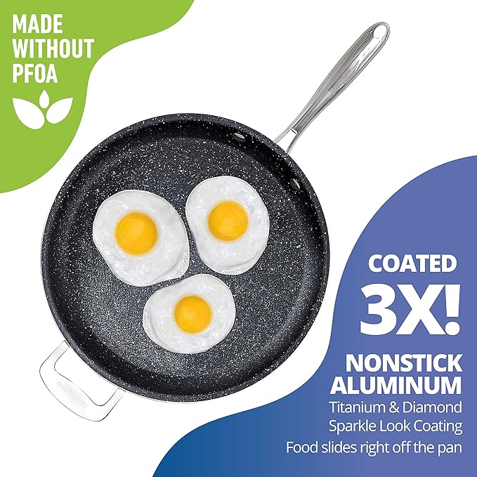Granitestone 14 Inch Pan for Cooking, Family Sized Large Non Stick Frying Pans Skillet for Eggs, Omelette, with Helper Handle, PFOA PFOS Free Oven & Dishwasher Safe - LID NOT INCLUDED