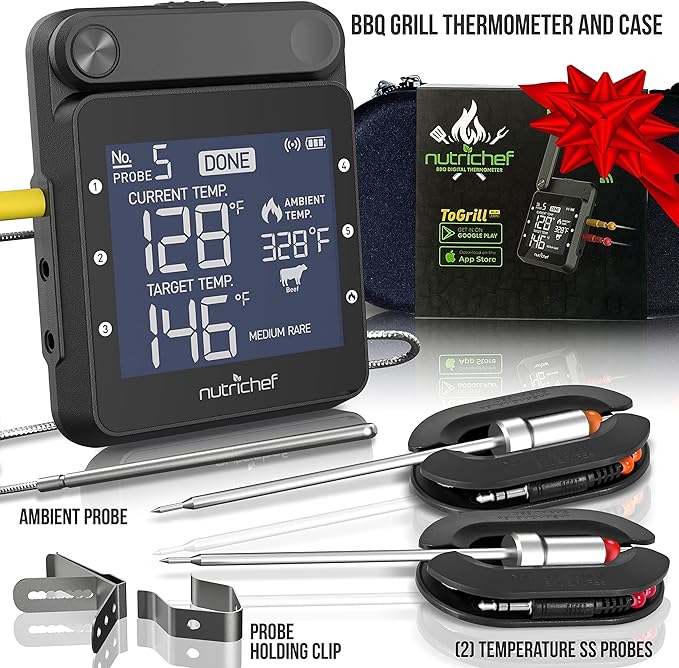 NutriChef WiFi Grill Meat Thermometer, Wireless Dual Smart Probes, Alarm Indoor from Outdoor Barbecue Smoker, Compatible with Any Smartphone, Rechargeable Meter for Outside BBQ Grilling