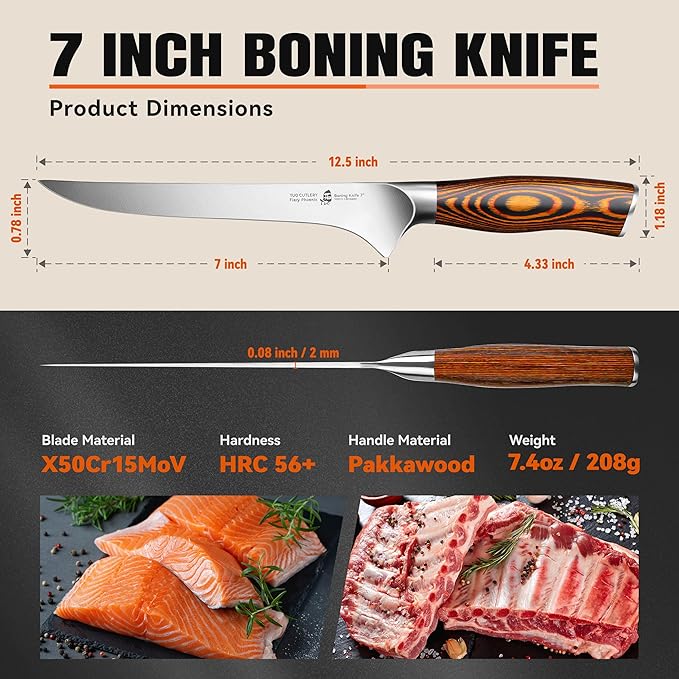 TUO Boning Knife, 7 inch Sharp Fillet Knife for Trimming Meat with Bones, Woodgrain Pakkawood Handle, High Carbon German Steel, Gift Box Included