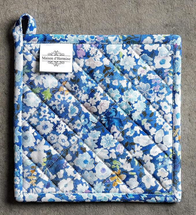 Maison d' Hermine Pot Holders 100% Cotton Heat Resistant Potholders 8" x 8" Hot Pads with Loop BBQ, Cooking, Baking, Grilling, Kitchen, Handling Hot Pans Spring/Summer (Pack of 1, Summer Blues)
