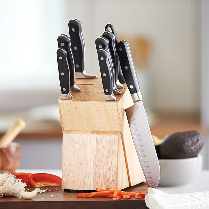 Amazon Basics 9 Pieces Premium High-Carbon Stainless-Steel Blades with Pine Wood Knife Block Set, Kitchen, Black