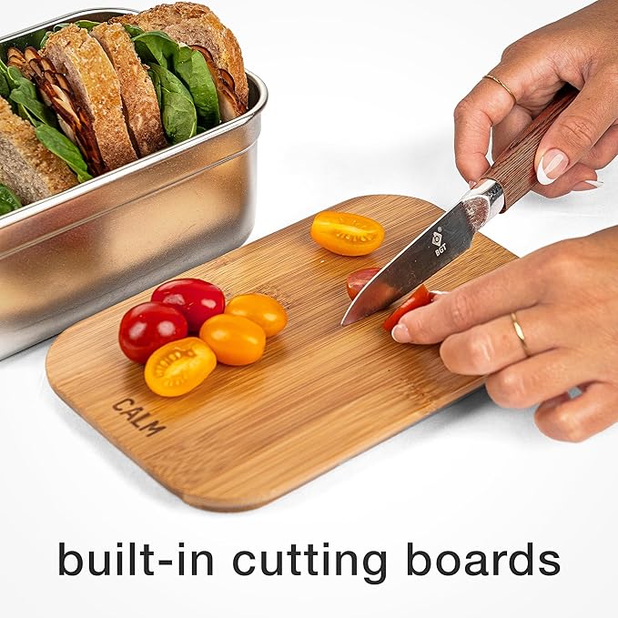 Stainless Steel Food Containers with Bamboo Cutting Board Lids | Set of 3 Reusable Meal Prep Boxes | Airtight Leak-Resistant | Dishwasher Safe | BPA-Free | 2, 4, 6 Cup Sizes