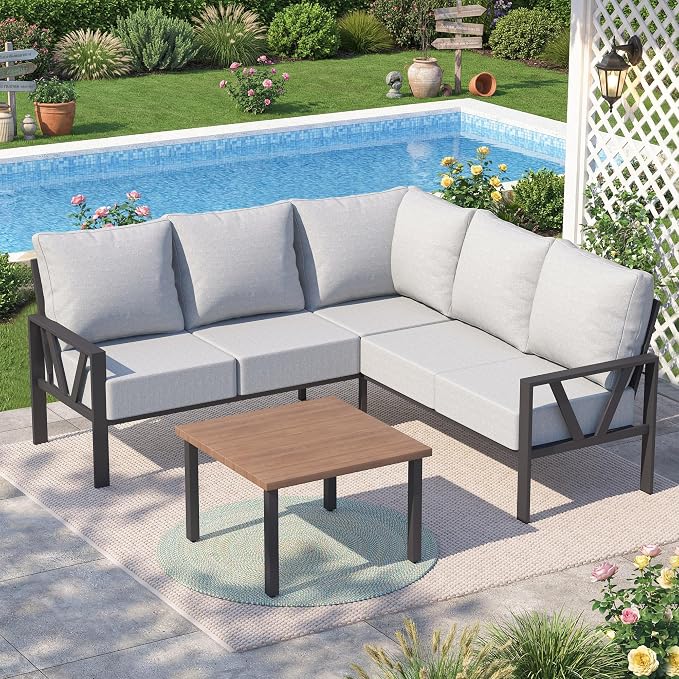 Outdoor Furniture Set, 6 Pieces Outdoor Couch Sectional, L Shaped Metal Patio - Image 8