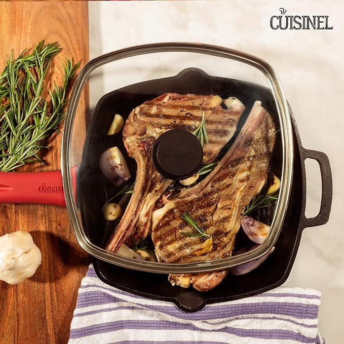 Cuisinel Cast Iron Grill Pan + Glass Lid + Silicone Handle Cover + Pan Scraper - 10.5"-inch Pre-Seasoned Square Skillet - Stovetop, Induction Safe - Indoor/Outdoor Use - for Grilling, Frying, Sautéing