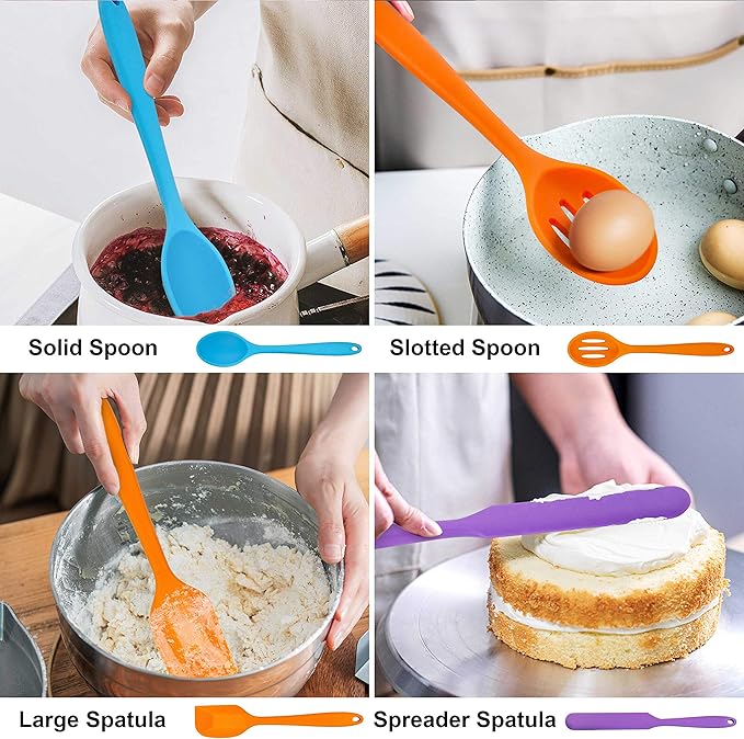 LIANYU 14 Pcs Cooking Utensils Set with Holder, Silicone Kitchen Cookware Utensils Set, Heat Resistant Cooking Gadget Tools Includes Spatula Spoon Turner Whisk Tong, Dishwasher Safe, Colorful