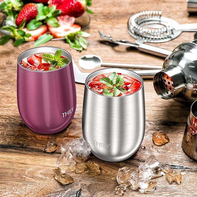 THILY Metal Stemless Insulated Wine Glass T1 Triple-insulated Stainless Steel Wine Tumbler with Lid and Straw, Reusable, Keep Cold & Hot for Wine, Coffee, Drinks, Champagne, Beverage, Silver