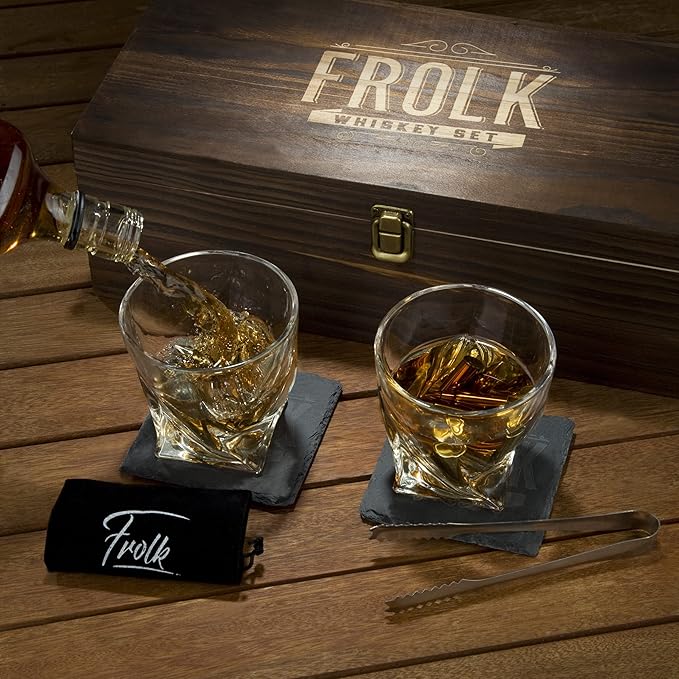 Whiskey Stones Gift Set for Men - 10 Chilling Stainless-Steel Whiskey Rocks - 11oz 2 Large Twisted Whiskey Glasses, Slate Coasters, Tongs - Premium Set in Pine Wood Box