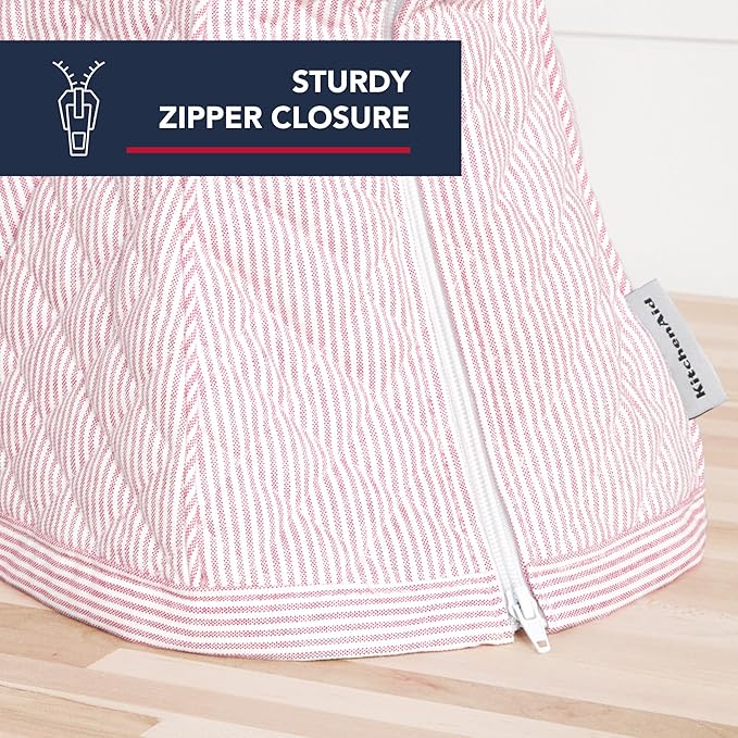 KITCHENAID Fitted Tilt-Head Stand Mixer Cover with Storage Pocket, Quilted 100% Cotton,14.4"x18"x10", Ticking Stripe Hibiscus Pink