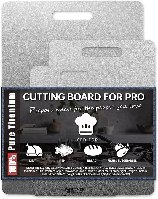 Titanium Cutting Boards for Kitchen, Set of 3 Food Grade 100% Pure Titanium Double-Sided Chopping Boards, Non-Toxic, Dishwasher Safe, Easy to Clean – 10", 12", 16"