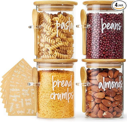 Talented Kitchen Glass Food Storage Containers with Lids - 4-Pack 17 oz Glass - Stackable Kitchen Jars for Pantry, Spice Jars & Coffee Containers for Countertop - Attached Spoons & 157 Labels