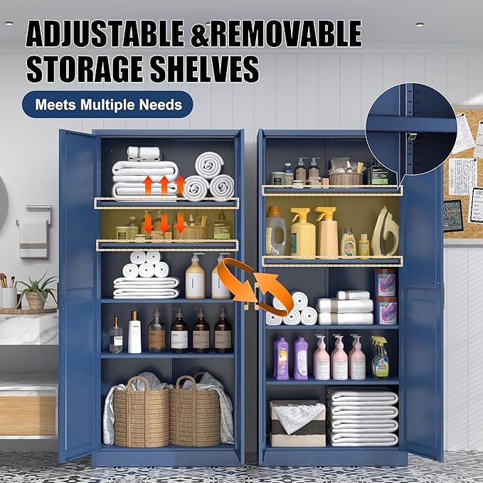 71" Tall Metal Storage Cabinet, Kitchen Pantry Storage Cabinets with Doors and 4 Adjustable Shelves, Food Pantry Cabinet, Large Cupboard, Utility Steel Cabinets for Dining, Living Room, Blue