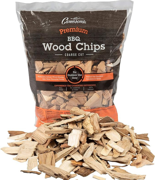 Camerons All Natural Bourbon Oak Wood Chips for Smoker -260 Cu In Bag, Approx 2 lbs- Kiln Dried Coarse Cut BBQ Grill Wood Chips for Smoking Meats - Barbecue Smoker Accessories - Grilling Gifts for Men