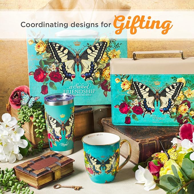 Christian Art Gifts Stainless Steel Double Wall Vacuum Insulated Tumbler 18 oz Butterfly Teal BPA-free Travel Mug with Retractable Lid Inspirational Bible Verse for Women - Hope -Isaiah 40:31