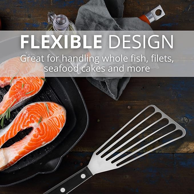 Slotted Stainless Steel Fish Spatula - 11-inch Thin, Heat Resistant with ABS Handle - Turner for Meat, Eggs, Nonstick Cookware