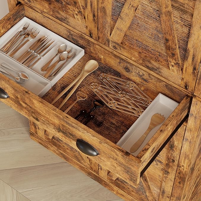 IRONCK Kitchen Pantry Storage Cabinet 72.6" H, with Barn Doors, Drawer, 4 Adjustable Shelves, Freestanding Cupboard for Dining Room Living Room, Laundry, Vintage Brown