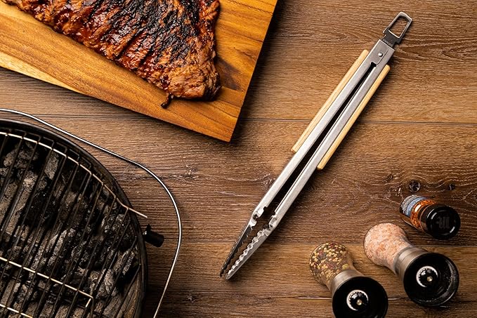 12" Tongs 18/0 Stainless Steel BBQ Grill Tongs with Ergonomic Real Oak Wood Handle for Cooking - Durable Grilling Accessory, Tongs for Cooking & Kitchen, Outdoor Barbecue, Easy to Clean