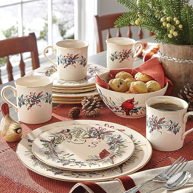 Lenox 6122055 Winter Greetings 12-Piece Dinnerware Set, Red & Green, Christmas, Holiday Hosting, Service For 4