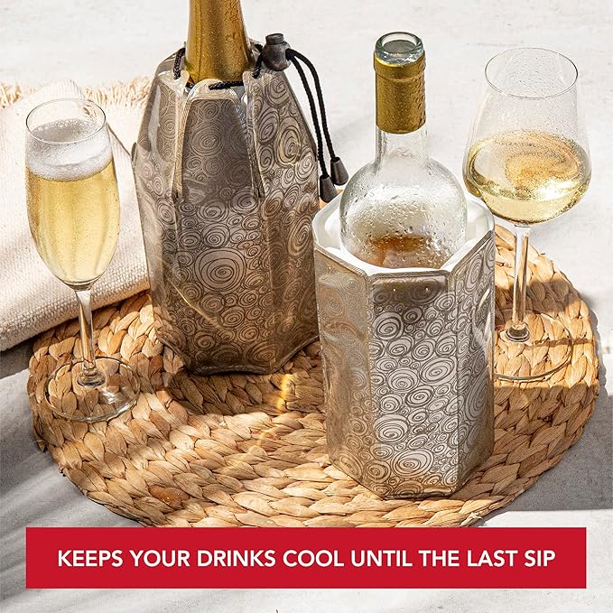Vacu Vin Champagne & Wine Cooler Set - Flexible Insulated Chiller For Standard Size Bottles - Keeps Your Drinks Cold Longer - Lightweight & Easy To Use - Premium Design To All Occasions, Platinum