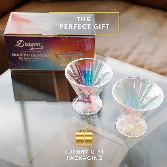 Dragon Glassware Stemless Martini Glasses - 7 oz Iridescent Set of 2 - Double Wall Insulated Cocktail Glass Set - Unique and Fun Gift for Espresso Martini Lovers