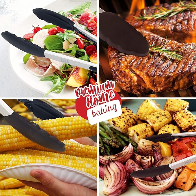 Kitchen Tongs for Cooking with Silicone Tips by Boxiki Kitchen, BPA Free Stainless Steel set of 2 Silicone Tongs for Cooking, Grilling & Toss a Salad, Heat Resistant Grill Tongs for Serving Food.