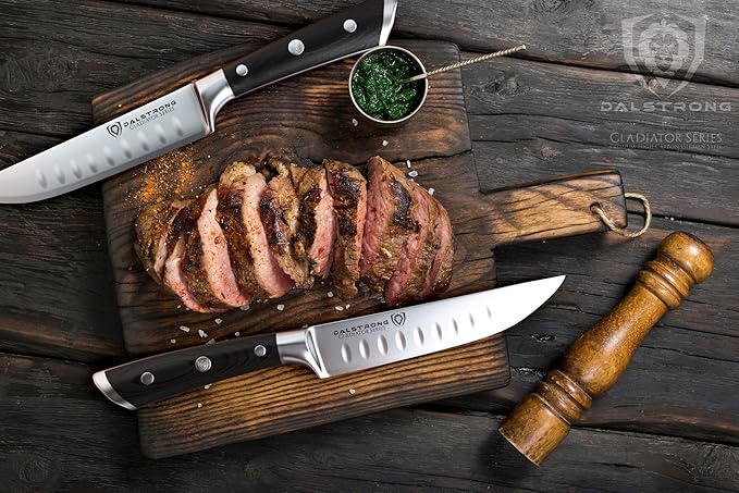 Dalstrong Steak Knife Set - 4-Piece - 5 inch Straight - Gladiator Series Elite - Forged German High-Carbon Steel - Black G10 Handle - Sheaths - Dinner Set - NSF Certified