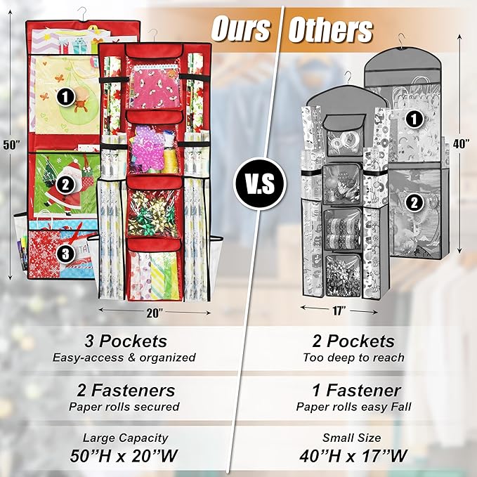 Simple Houseware Double-Sided Hanging Gift Wrap Organizer Storage Pockets, Red (Set of 1)