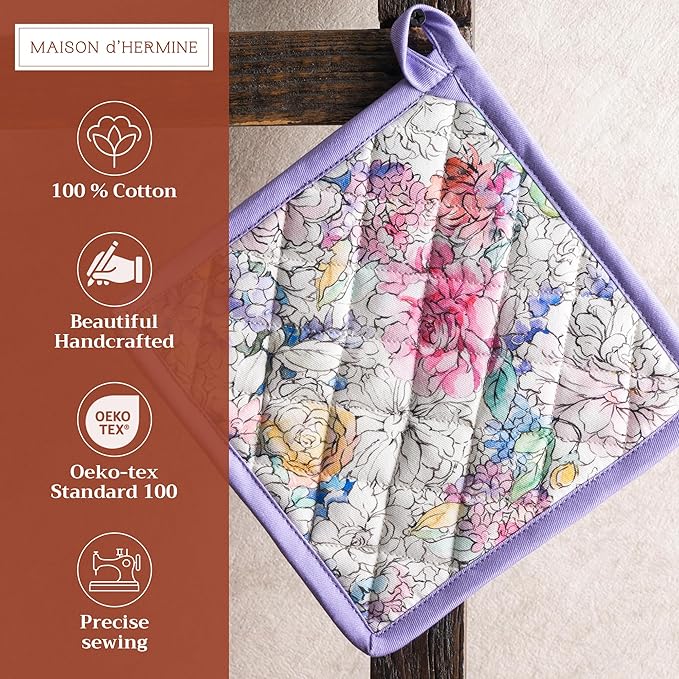 Maison d' Hermine Pot Holders 100% Cotton Heat Resistant Potholders 8" x 8" Hot Pads with Loop BBQ, Cooking, Baking, Grilling, Kitchen, Handling Hot Pans Spring/Summer (Pack of 1, Floral Love)