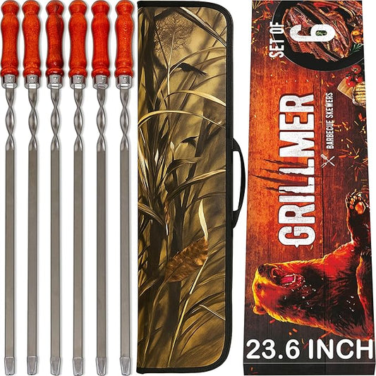 Premium BBQ Skewers with Wooden Handles 23.6" Shish Kabob Skewers Stainless Steel Long & Reusable Kabob Sticks Barbecue Skewers for Grilling Set of 6 Piece (6, 23.6 Inches)