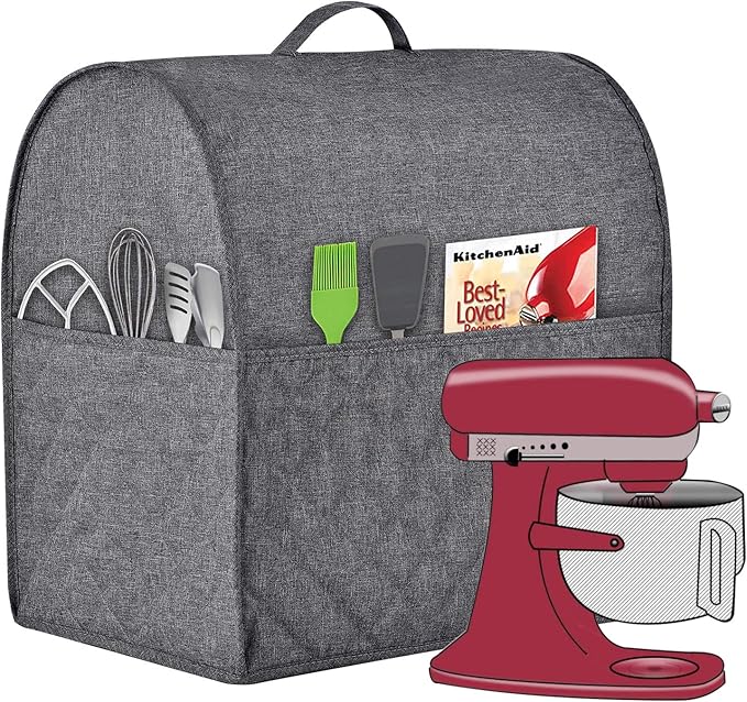 Stand Mixer Dust-proof Cover for KitchenAid Mixer，Multi Pockets for Various Kitchen Appliance Accessories，Water-resistant，Easy Cleaning (Grey, Fit for Bowl Lift 5-8 Quart)